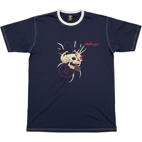 Ed Hardy Other - Vintage Ed Hardy Mens Navy Blue Heavyweight Embroidered Skull T-Shirt Y2K 2XL